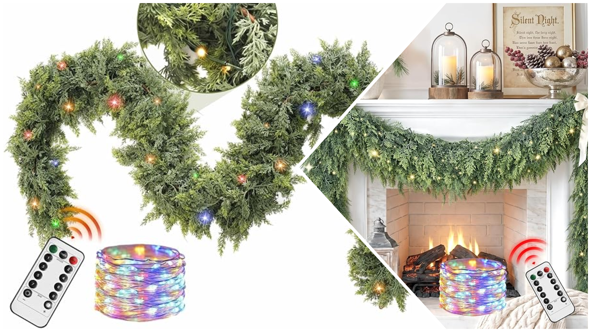 Prelit Cedar Christmas Garland with lights for fireplace mantel
